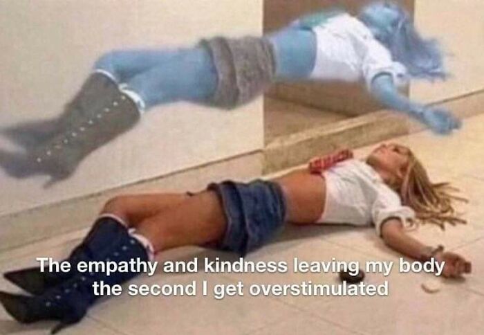 Person lying on the floor with a ghostly figure leaving their body, illustrating funny and comforting mental health memes.