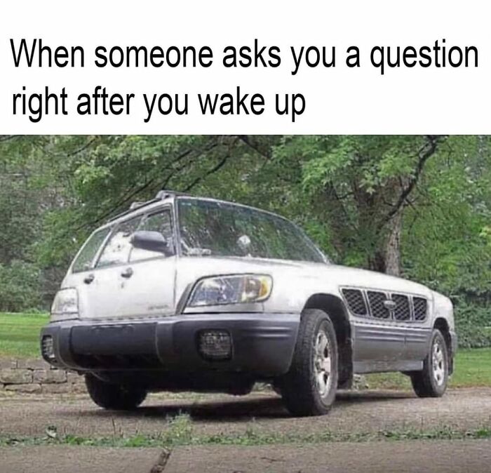 A funny mental health meme showing a distorted car with the caption about being asked questions right after waking up.