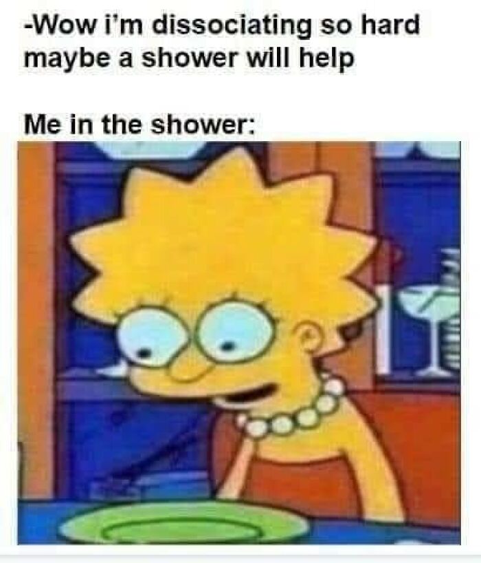 Cartoon character humorously depicting dissociation with a funny and comforting mental health meme.