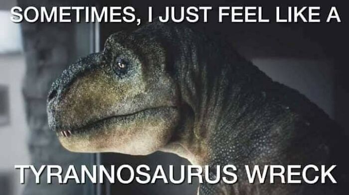Sad-looking Tyrannosaurus rex with text sometimes I just feel like a tyrannosaurus wreck, mental health meme humor.