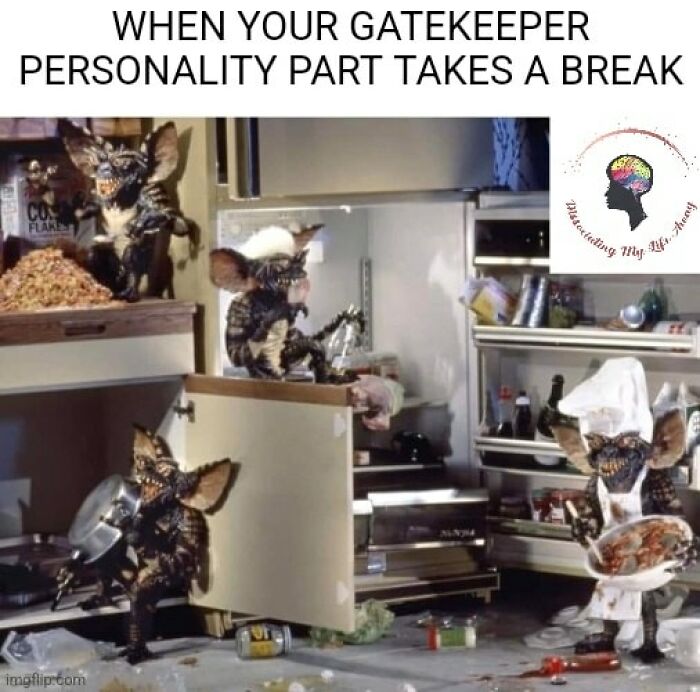 Gremlins making a mess in a kitchen, illustrating a funny and comforting mental health meme about gatekeeper personality breaks.