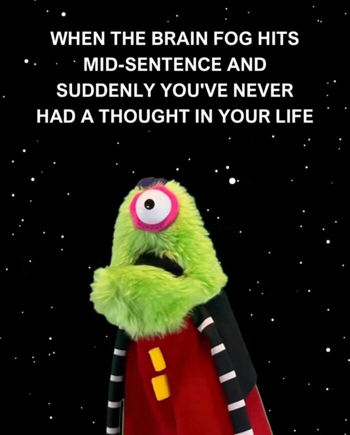Green furry puppet with one eye looks confused against a starry background with a mental health meme about brain fog.