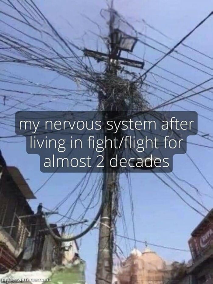 Tangled power lines on a pole illustrating a chaotic nervous system related to mental health memes and fight or flight stress.