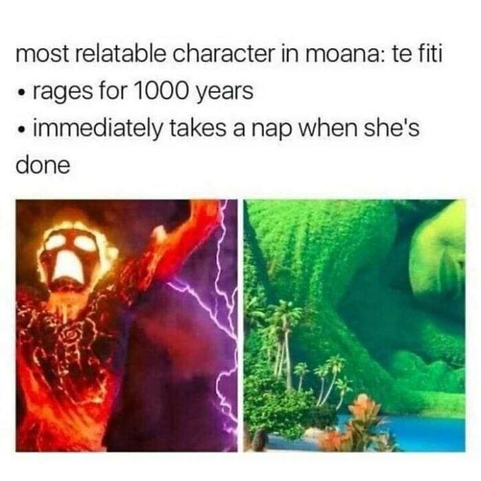 Funny and comforting mental health meme showing Te Fiti raging then taking a nap, illustrating relatable emotional burnout and self-care.