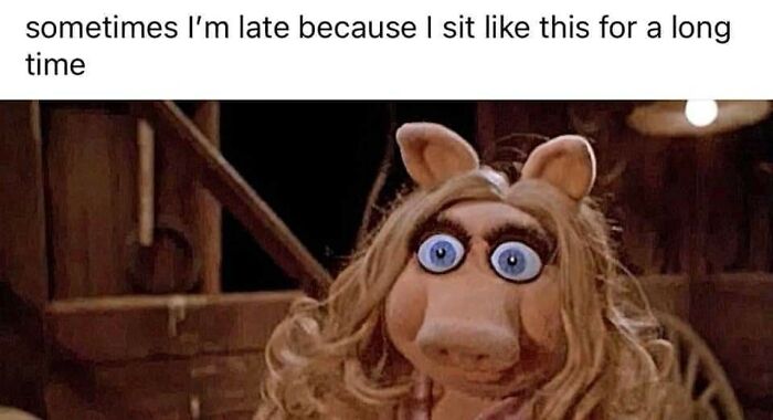 Muppet character sitting with a humorous caption about being late, part of funny and comforting mental health memes.