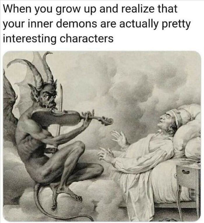A vintage-style drawing of a demon playing violin to a relaxed person, representing funny mental health memes.