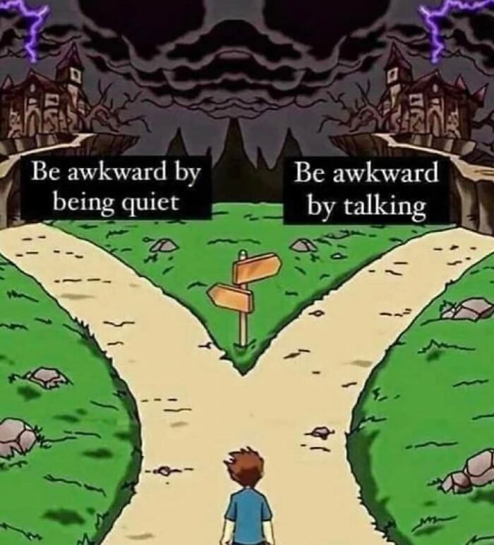 Person standing at a forked path with signs saying be awkward by being quiet or by talking, mental health meme.