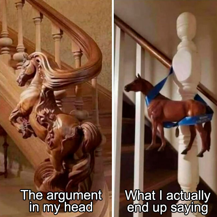 Wooden horse banister compared to toy horse hanging from banister, funny mental health meme about inner thoughts and expression.