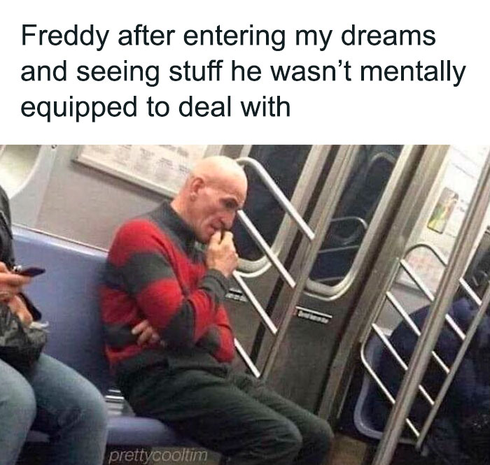 Man wearing a red and black striped sweater looking worried on a subway, illustrating funny and comforting mental health memes.