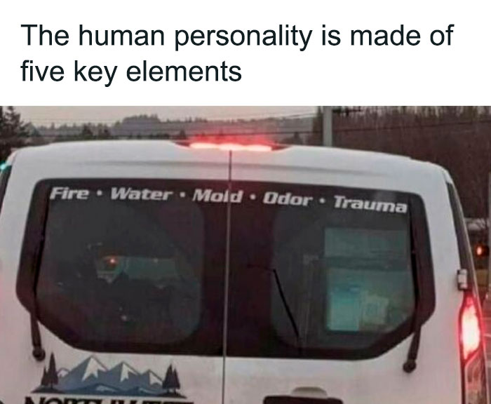 Van rear window with text humorously listing fire, water, mold, odor, trauma as key elements of human personality in mental health meme.