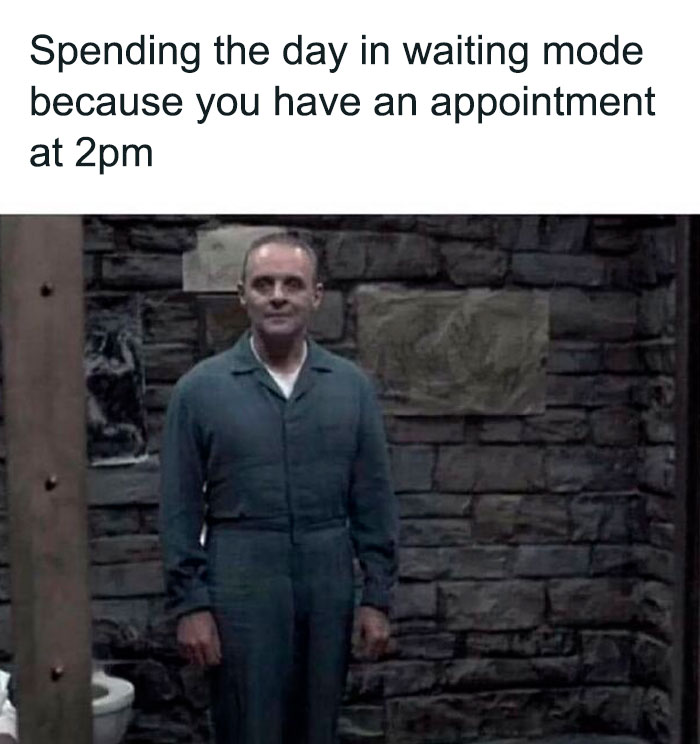 Man in jumpsuit standing still in a dimly lit room illustrating funny and weirdly comforting mental health memes.