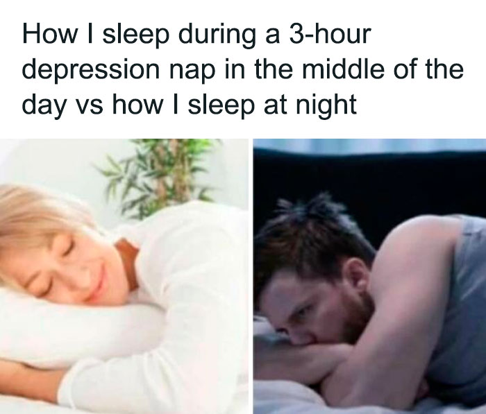 Side-by-side images showing contrasting sleep during mental health struggles in a funny and comforting mental health meme.
