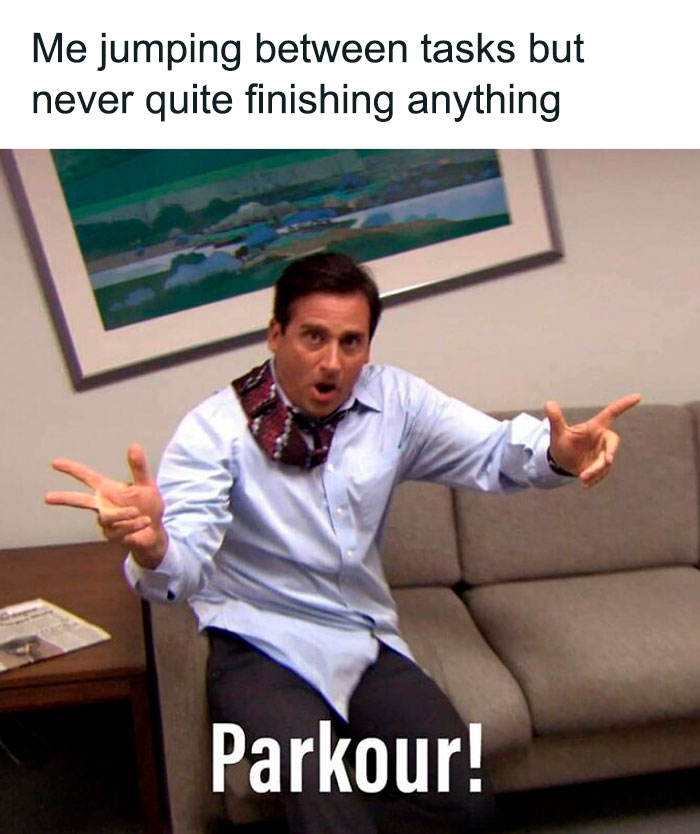 Man in office acting out parkour, humorously capturing the struggle of mental health and task completion challenges.