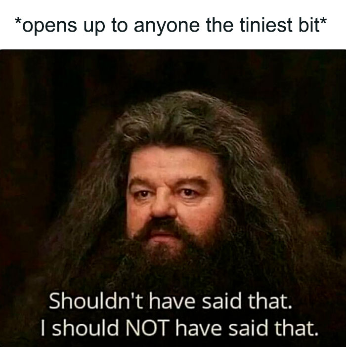 Man with long hair and beard looking regretful with text about opening up, a funny and comforting mental health meme.