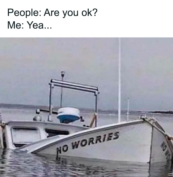 Boat named No Worries partially submerged in water with caption about mental health memes and therapy costs.