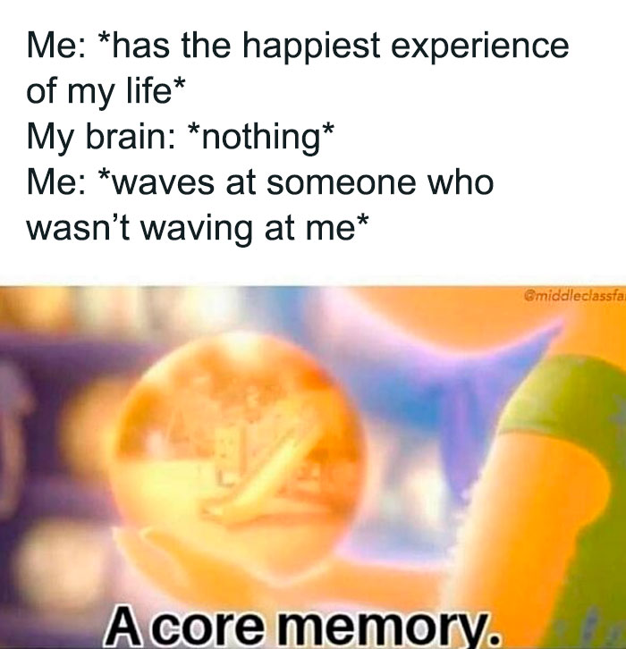 Funny and weirdly comforting mental health meme about awkward moments and core memories in daily life.