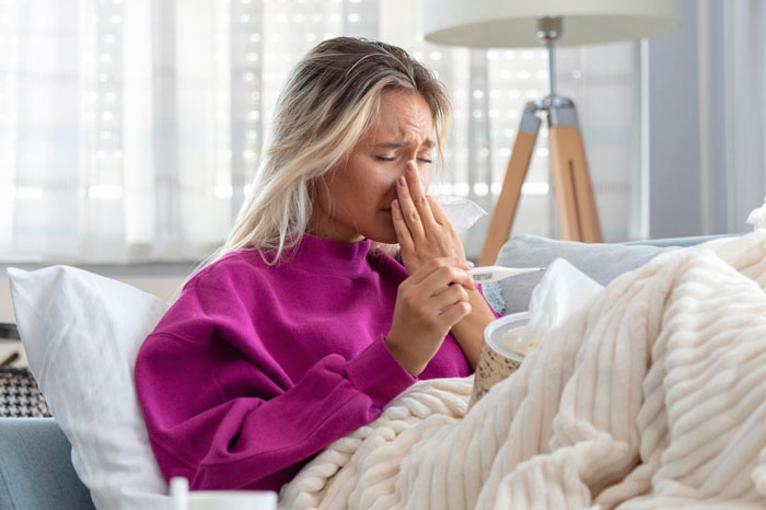 Woman in a purple sweater looking distressed while blowing her nose, representing allergic DIL on edge after sabotage at baby shower. Woman in a purple sweater looking distressed while blowing her nose, representing allergic DIL on edge after sabotage at baby shower.
