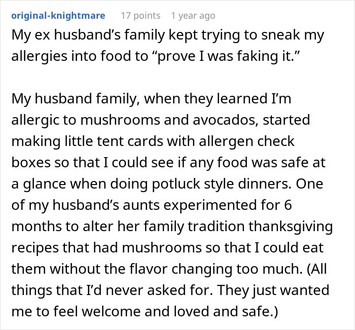 Text post showing a woman describing her family's attempts to trigger her allergies, featuring key allergy and family conflict keywords. Text post showing a woman describing her family's attempts to trigger her allergies, featuring key allergy and family conflict keywords.