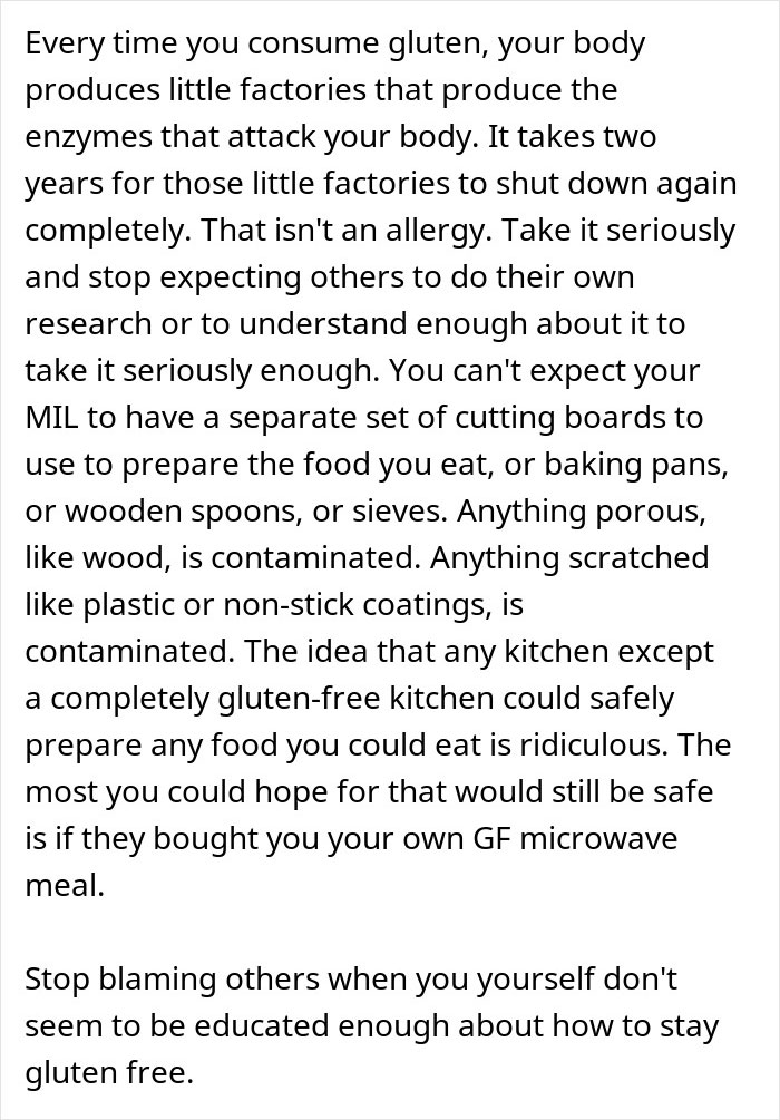 Text explaining gluten contamination risks and allergy triggers, discussing MIL trying to purposely trigger allergies. Text explaining gluten contamination risks and allergy triggers, discussing MIL trying to purposely trigger allergies.