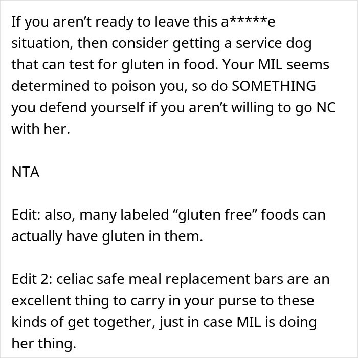 Text advice about dealing with a mother-in-law purposely triggering allergies and tips for gluten-free food safety. Text advice about dealing with a mother-in-law purposely triggering allergies and tips for gluten-free food safety.