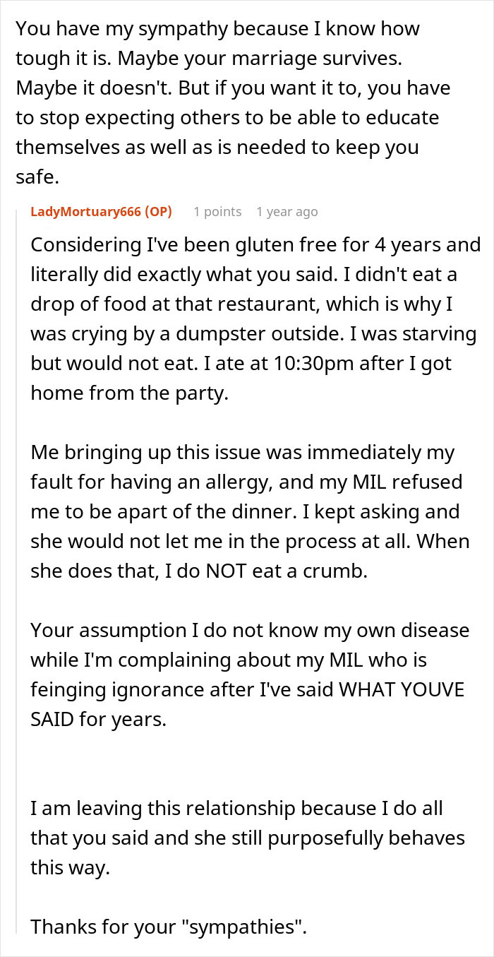 Discussion text showing a woman exposing her MIL for purposely triggering her allergy and refusing to include her in dinner. Discussion text showing a woman exposing her MIL for purposely triggering her allergy and refusing to include her in dinner.