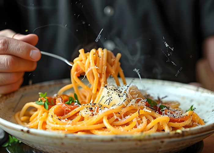 Close-up of a person eating steaming pasta with herbs and cheese, illustrating a story about allergies triggered purposely. Close-up of a person eating steaming pasta with herbs and cheese, illustrating a story about allergies triggered purposely.