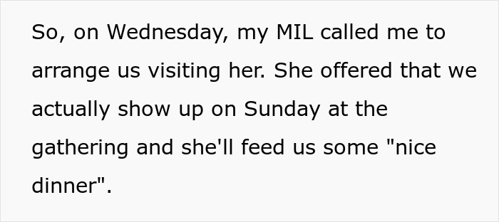 Text excerpt about MIL arranging a visit and offering to feed son and his girlfriend cheap spoiled food.