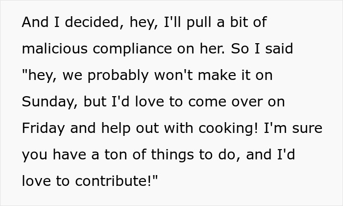 Text on white background describing a person&rsquo;s plan to offer help with cooking amid difficult family dynamics involving cheap MIL and spoiled food.