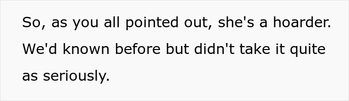Text on a white background discussing a hoarder identified by commenters, highlighting the issue seriously for cheap MIL feeds son and GF spoiled food.