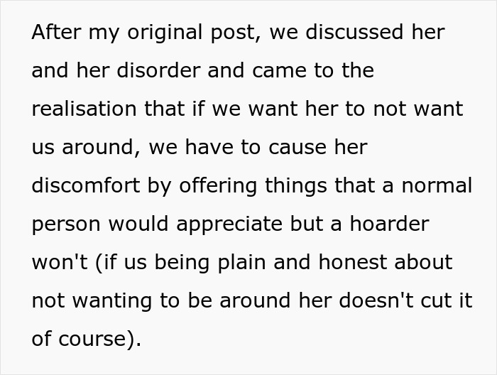 Text discussing causing discomfort to a hoarder by offering unwanted things, related to cheap MIL spoiled food bullying.