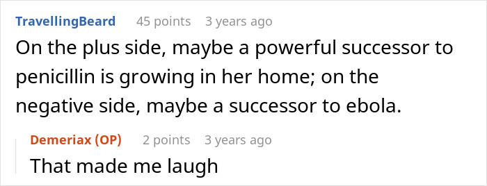 Screenshot of an online discussion about a cheap MIL feeding spoiled food and bullying her son and his girlfriend.