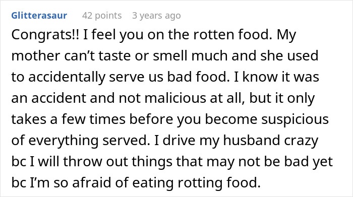 User comment about dealing with cheap MIL feeding spoiled food and bullying son and girlfriend into eating it, expressing fear of rotting food.