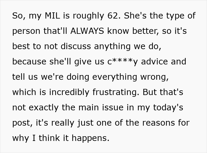 Text excerpt from a post describing a cheap MIL who bullies son and his girlfriend into eating spoiled food.