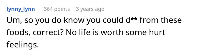 Comment mentioning hurt feelings about cheap MIL feeding son and girlfriend spoiled food and bullying them into eating it.