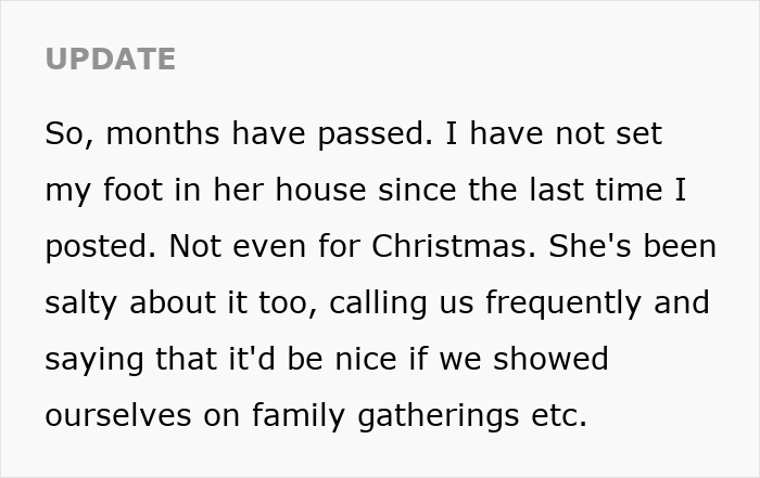 Text update about cheap MIL feeding son and girlfriend spoiled food and her bullying behavior causing family tension.