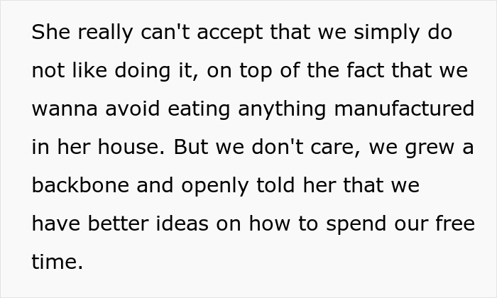 Text excerpt showing a person expressing frustration about avoiding manufactured food and standing up to a cheap MIL feeding spoiled food.