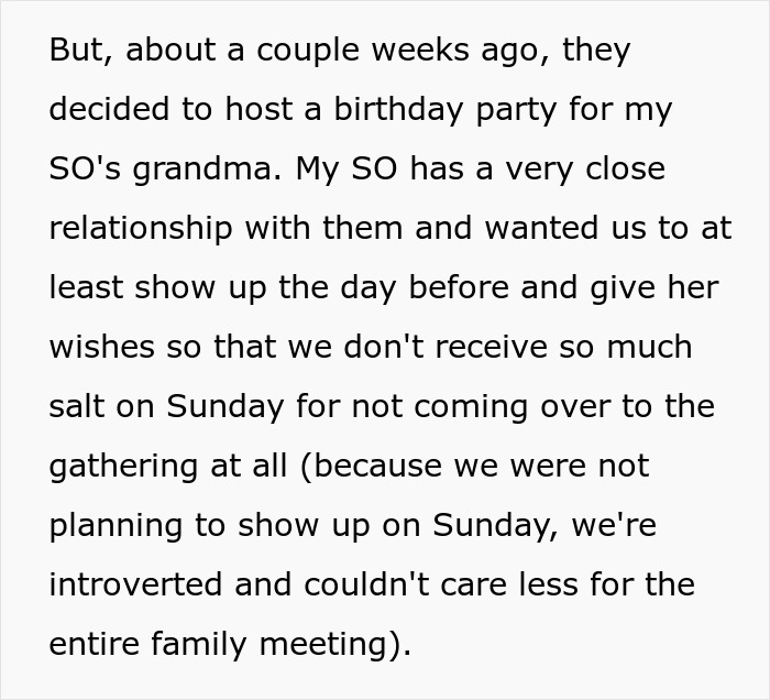 Text excerpt about hosting a family birthday party and relationship with son-in-law's mother-in-law involving spoiled food and bullying.