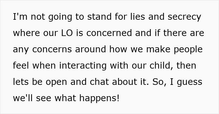 Text expressing refusal to accept lies and secrecy about the newborn, emphasizing open communication and concerns from MIL and SIL.