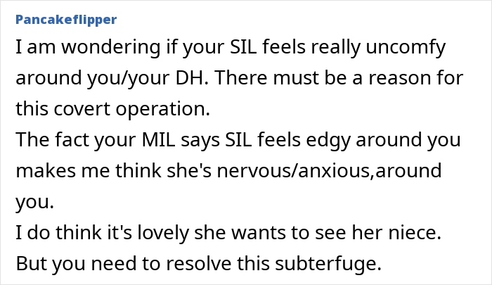 Text message discussing MIL and SIL planning a secret operation to see the newborn baby, causing tension with the new mom.