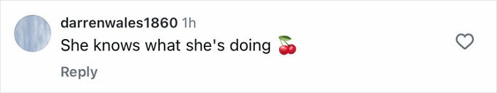 Instagram comment saying she knows what she's doing with a cherry emoji, related to Millie Bobby Brown pajama set post.