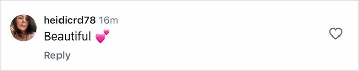 Comment on social media from heidicrd78 saying Beautiful with two pink heart emojis.