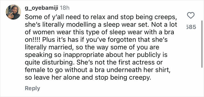 Comment defending Millie Bobby Brown's pajama set, addressing disturbing comments after becoming a mom.