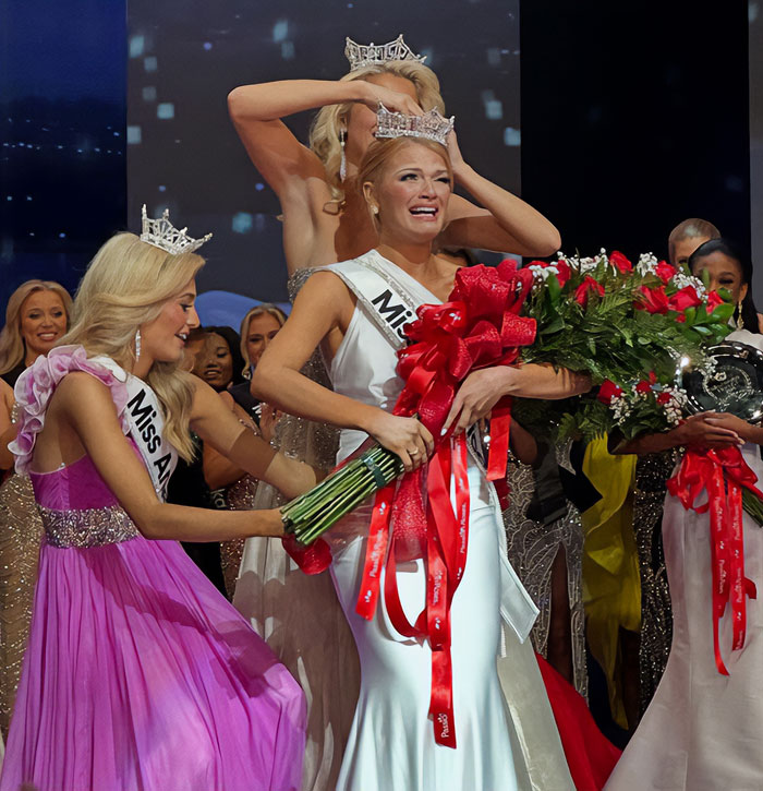 Miss America winner holding flowers and being crowned on stage, facing backlash over her look after winning.