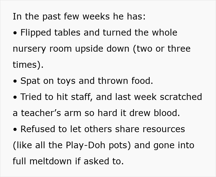 Alt text: List describing a 4YO out of control after joining nursery, showing aggressive and disruptive behaviors from a desperate mom’s perspective. Alt text: List describing a 4YO out of control after joining nursery, showing aggressive and disruptive behaviors from a desperate mom’s perspective.