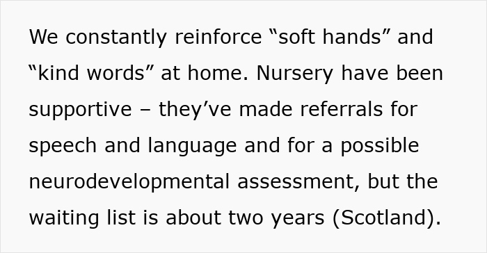 Text excerpt about nursery support and referrals for speech, language, and neurodevelopmental assessment with a long waiting list in Scotland. Text excerpt about nursery support and referrals for speech, language, and neurodevelopmental assessment with a long waiting list in Scotland.