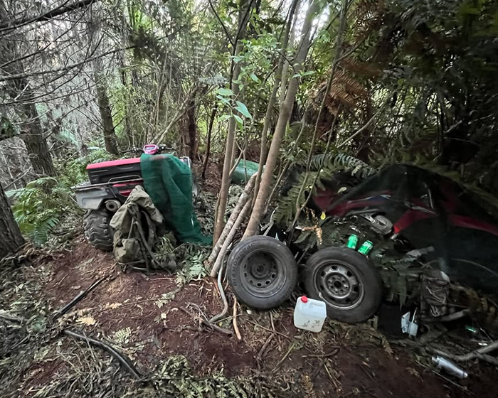 Abandoned ATV and vehicle parts in dense forest linked to mom of 3 missing kids and fugitive dad shootout case.