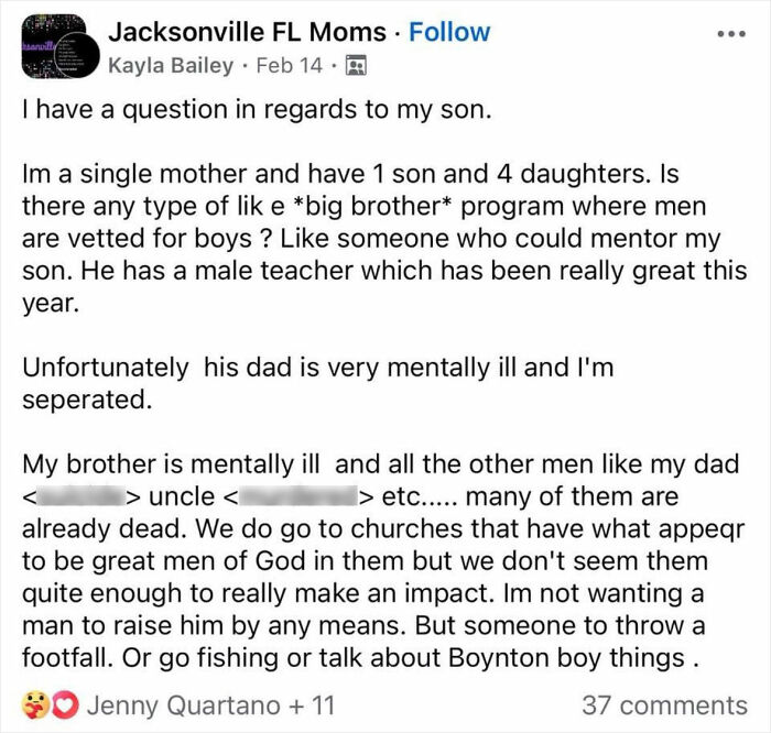 Facebook post by a mom of five asking about big brother programs for male mentorship amid family mental illness challenges. Facebook post by a mom of five asking about big brother programs for male mentorship amid family mental illness challenges.