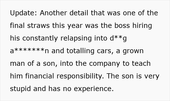 Text excerpt from a story about a boss having a meltdown after his employee quit for golden reasons. Text excerpt from a story about a boss having a meltdown after his employee quit for golden reasons.