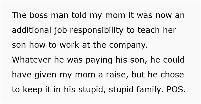 Text about a mom’s old boss having a meltdown after she quit due to unfair job responsibilities and lack of a raise. Text about a mom’s old boss having a meltdown after she quit due to unfair job responsibilities and lack of a raise.