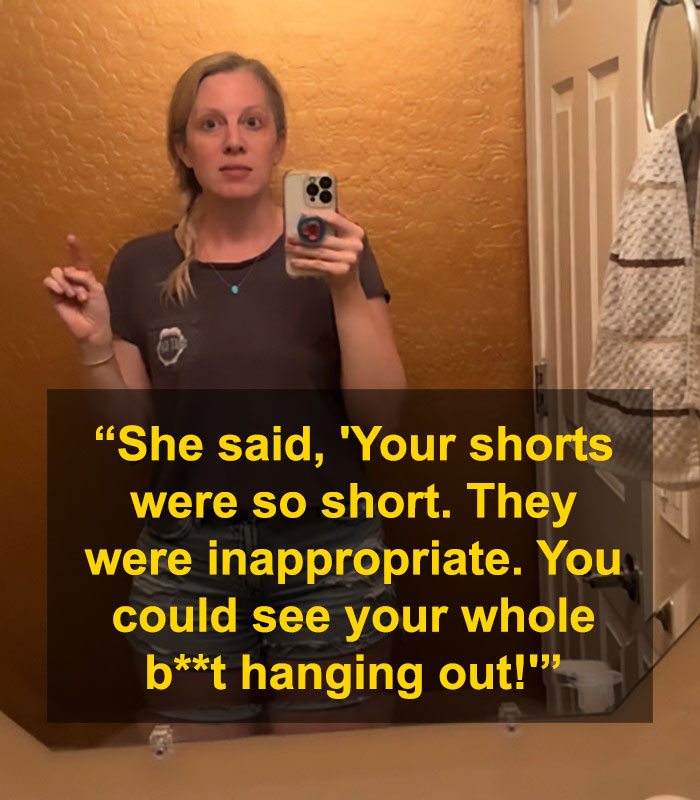 Woman in mirror shocked as best friend ends friendship over her mom shorts being inappropriate and too short.